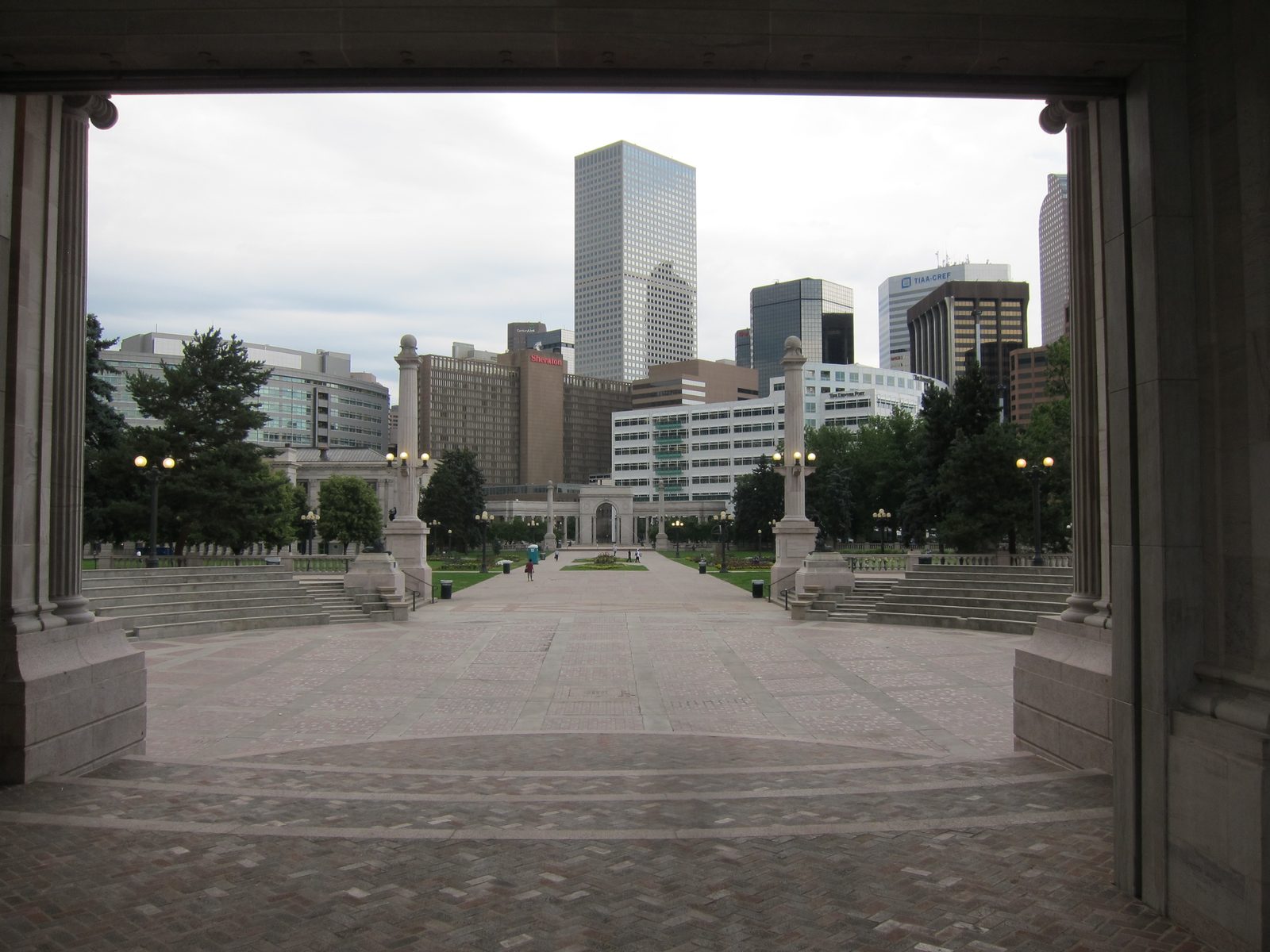 View of downtown Denver from the steps of the Civic Center park